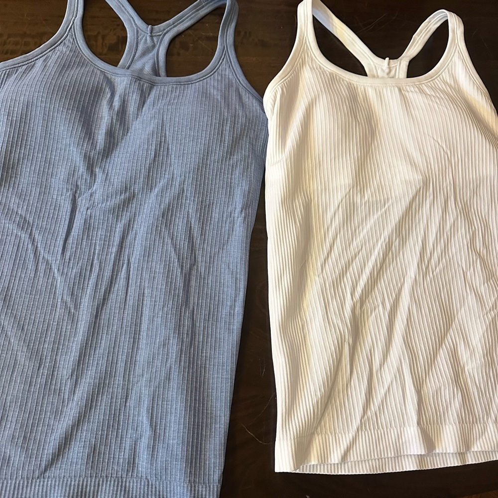 lululemon athletica Blue and White Ribbed Tank Tops